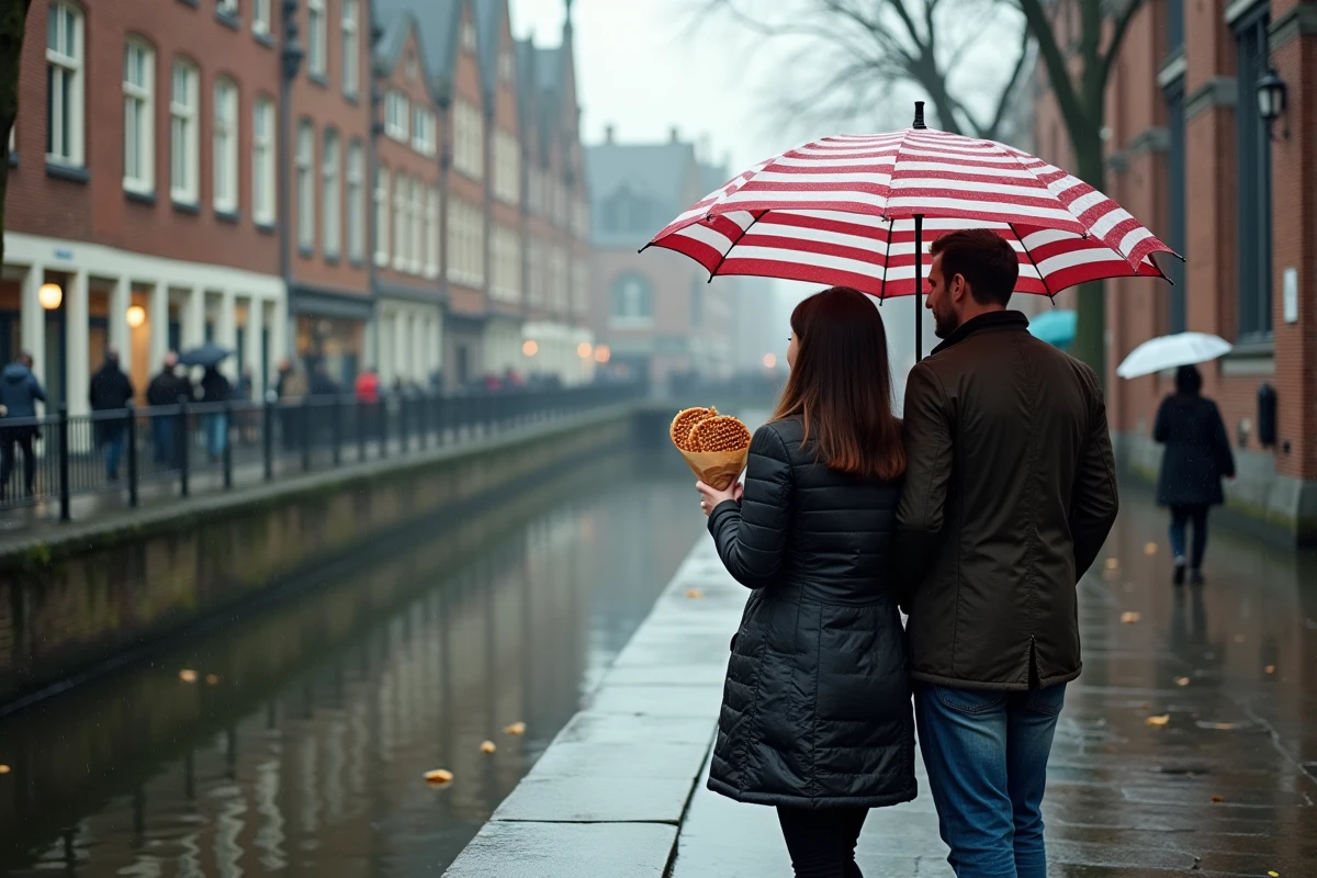 Couple se promenant sous un parapluie le long du Graslei à Gand sous la pluie avec des gaufres belges