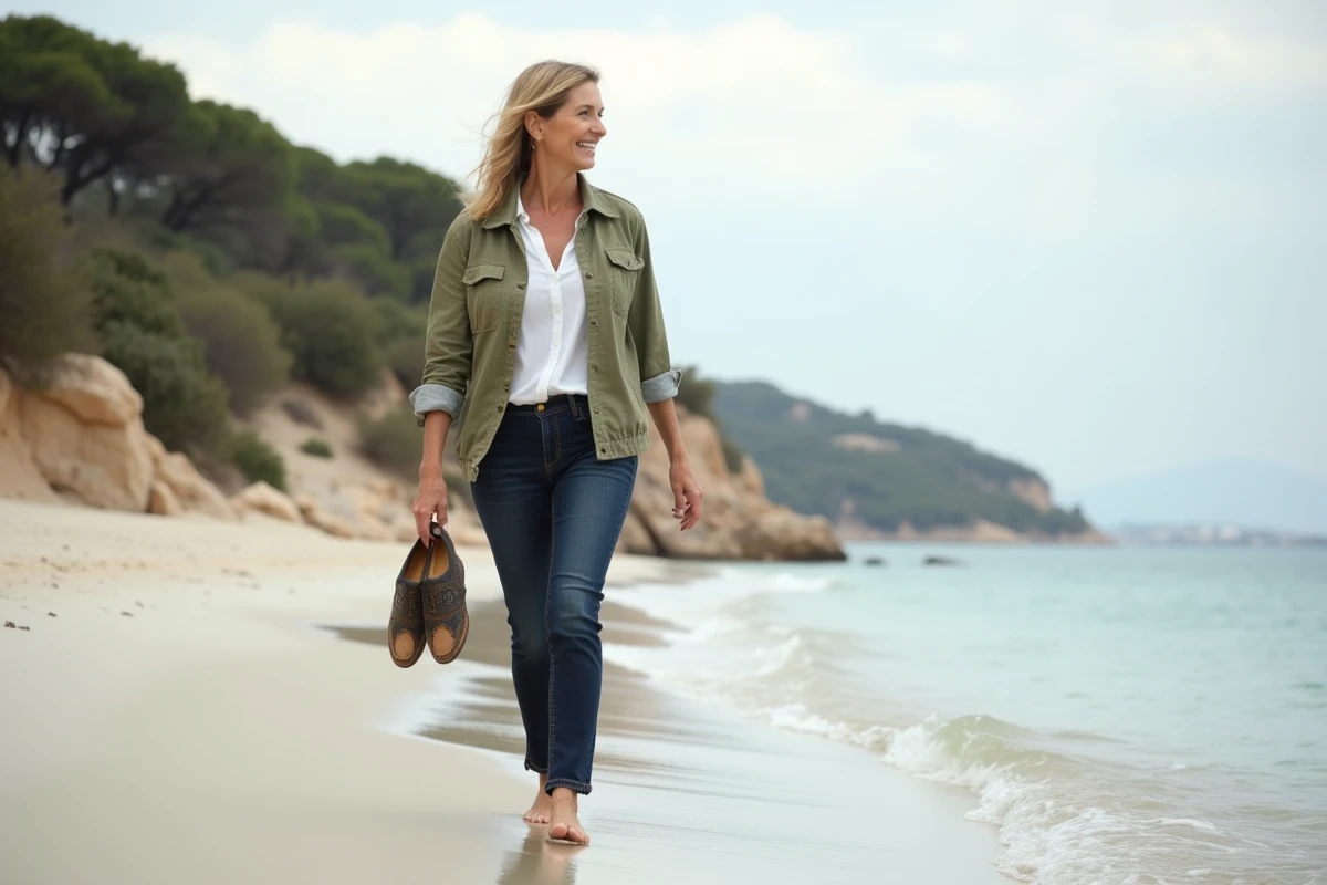 Femme se promenant pieds nus sur la plage de Palombaggia hors saison en veste en lin