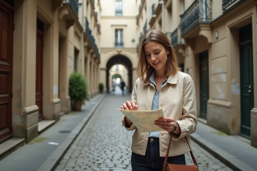 Femme consultant une carte dans une rue pavée du Marais à Paris, entourée de façades haussmanniennes et de balcons en fer forgé