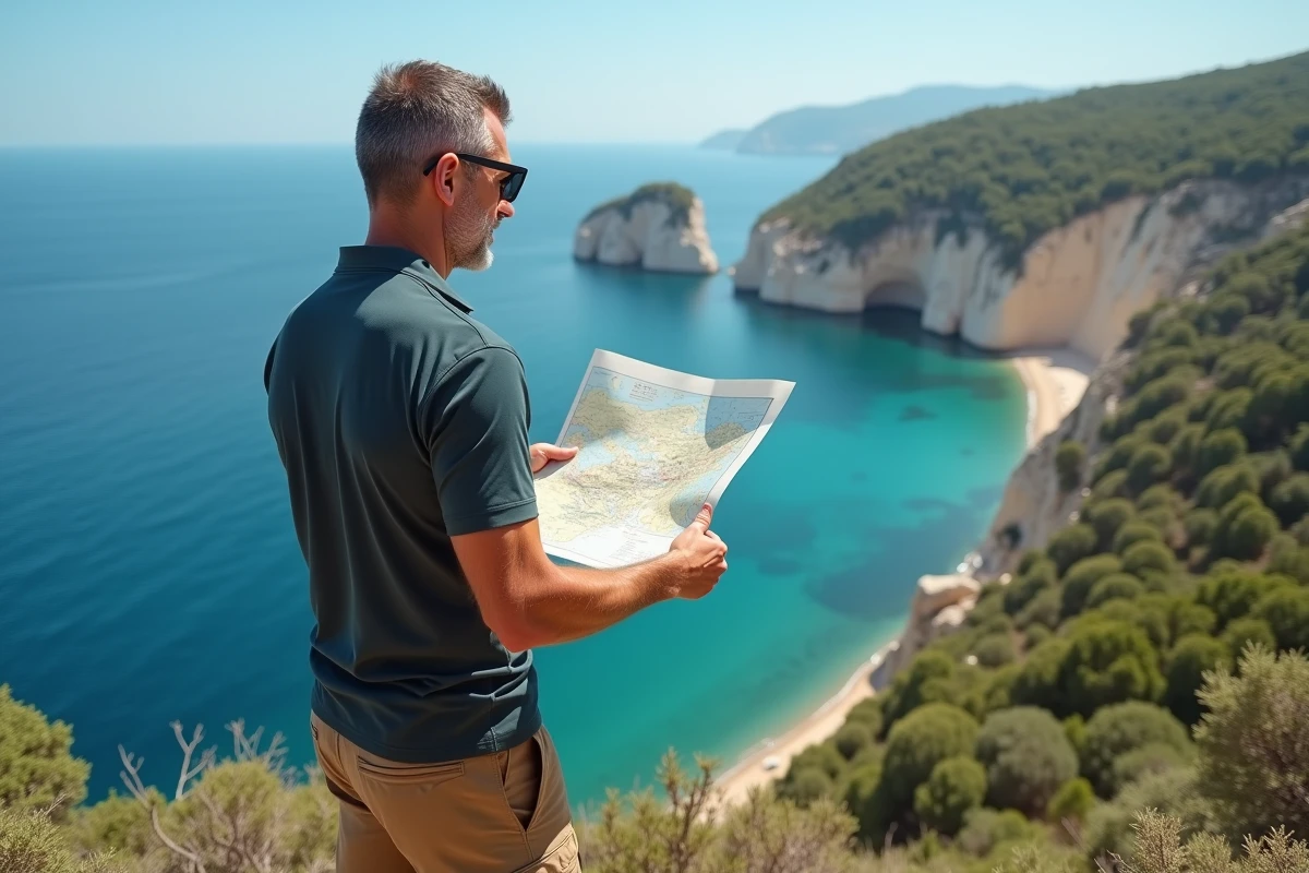 Randonneur consultant une carte papier face aux calanques de Corse du Sud avec vue sur les îles Lavezzi