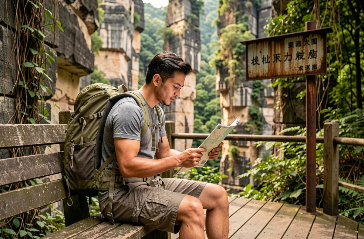 Randonneur solo consultant une carte papier sur le sentier en bois du parc forestier national de Zhangjiajie entouré de piliers de grès