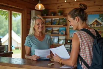 Femme d'&acirc;ge moyen discutant &agrave; la r&eacute;ception de camping