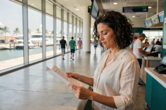 Femme consultant ses documents d'embarquement au terminal de croisière de Miami avant de monter à bord