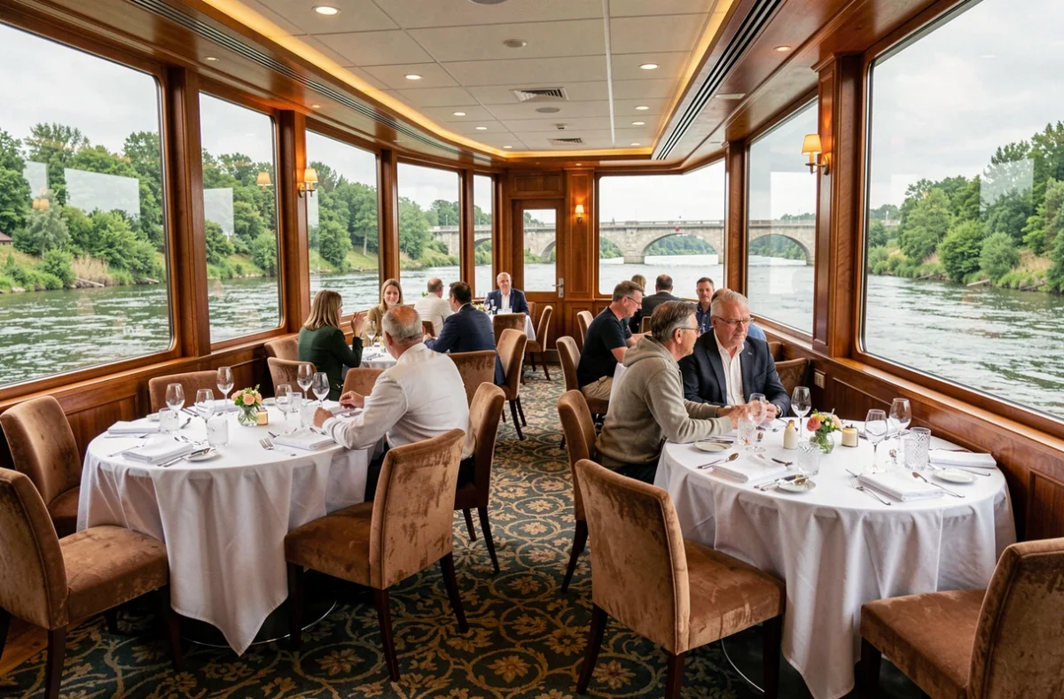 Salle à manger élégante d'un bateau de croisière sur le Rhin avec vue panoramique sur les berges