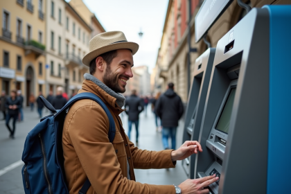 Voyageur retirant de l'argent à un distributeur en ville