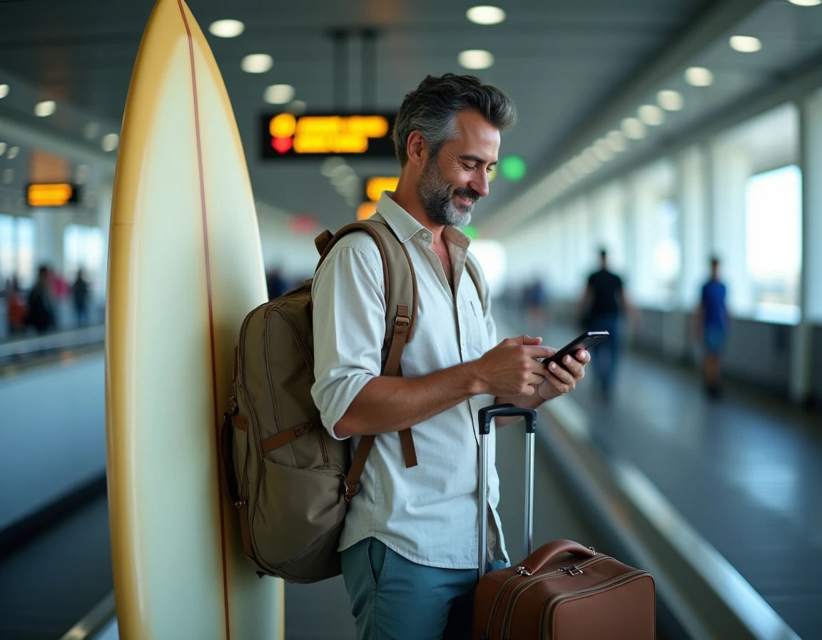 Voyageur récupérant un sac de surf et une housse de golf au tapis de bagages de l'aéroport