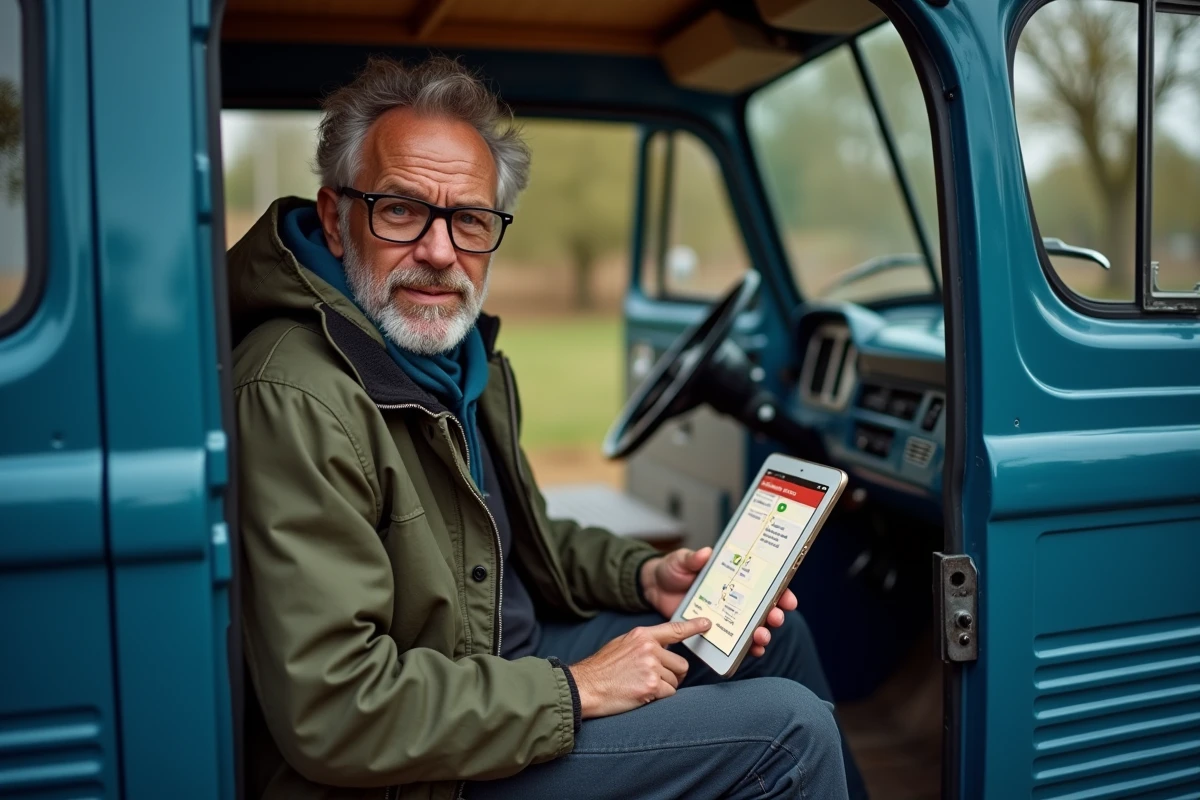 Voyageur solitaire consultant ViaMichelin sur tablette dans un camping-car vintage lors d'une étape en France