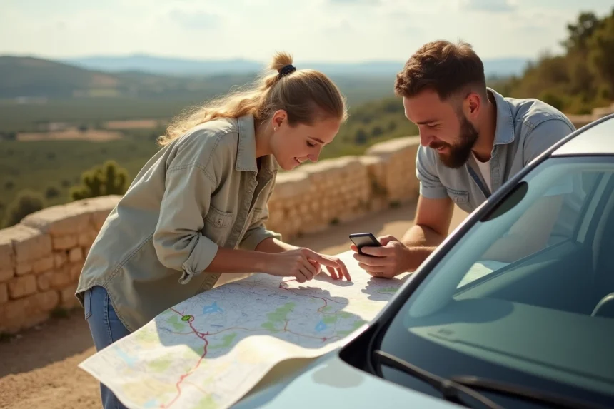 Couple planifiant un road trip en France avec ViaMichelin sur smartphone et carte routière posée sur leur voiture en Provence