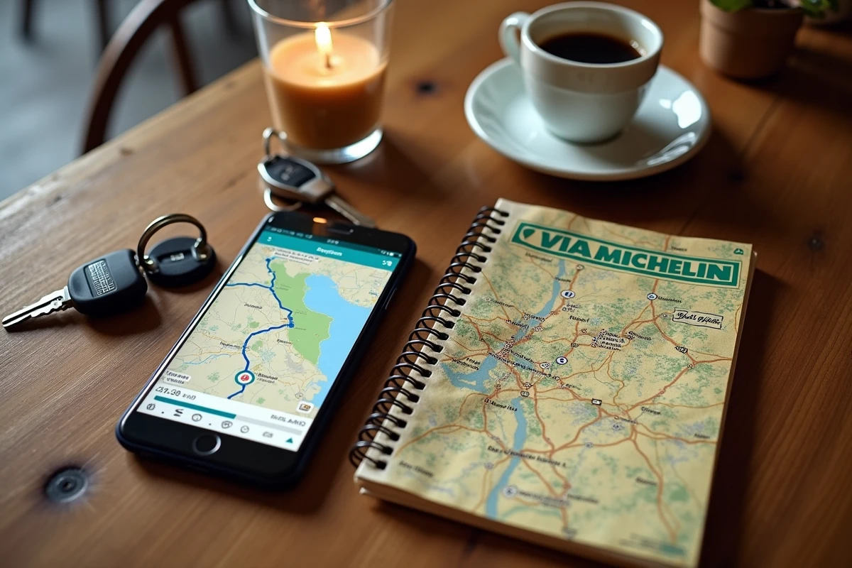 Planification d'itinéraire road trip France sur ViaMichelin avec smartphone, guide Michelin et carnet de voyage sur table de café