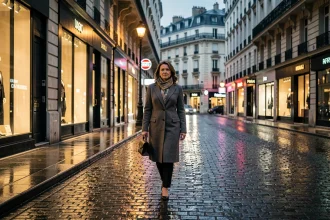 Femme élégante marchant rue Saint-Honoré à Paris la nuit, reflets dorés sur les pavés mouillés devant des vitrines de luxe