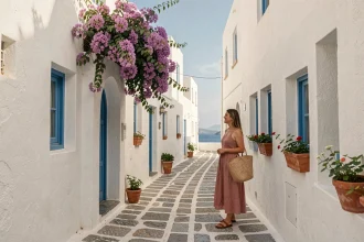 Voyageuse explorant une ruelle blanchie à la chaux de Folégandros avec des bougainvillées violettes dans les Cyclades grecques