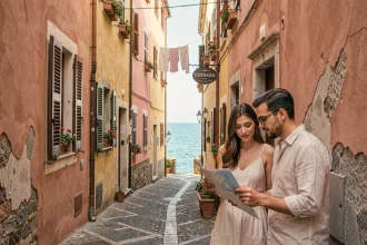 Couple consultant une carte papier dans une ruelle pavée de Vernazza aux Cinq Terres avec vue sur la mer en arrière-plan