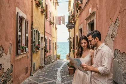 Couple consultant une carte papier dans une ruelle pavée de Vernazza aux Cinq Terres avec vue sur la mer en arrière-plan