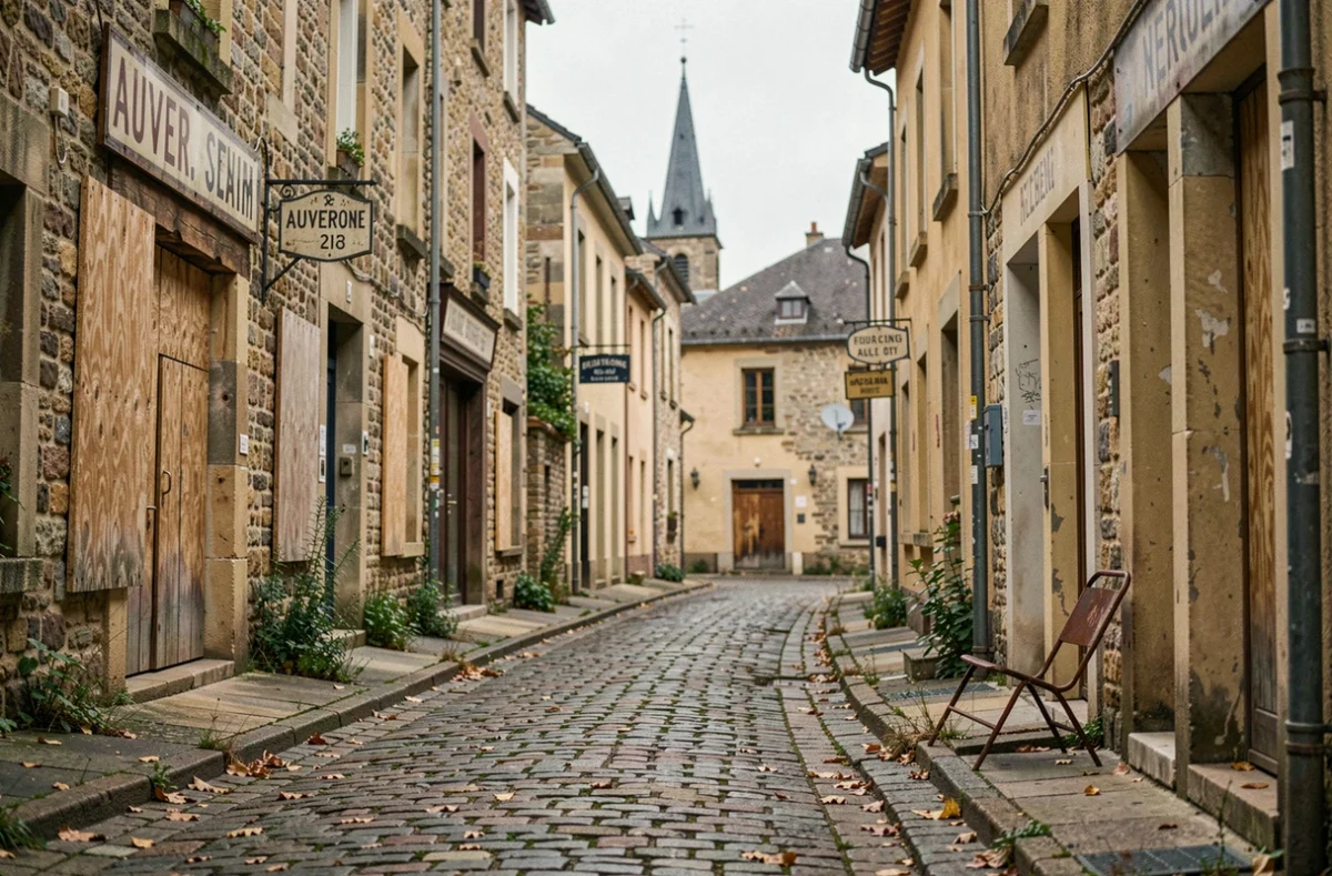 Ruelle pavée déserte d'un village abandonné en Auvergne, maisons en pierre aux portes condamnées et enseignes effacées, atmosphère de silence et de déclin du patrimoine rural français
