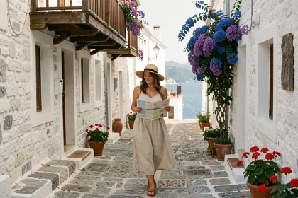 Femme explorant une ruelle pavée de Skopelos avec des maisons blanchies à la chaux et des bougainvilliers colorés en Grèce