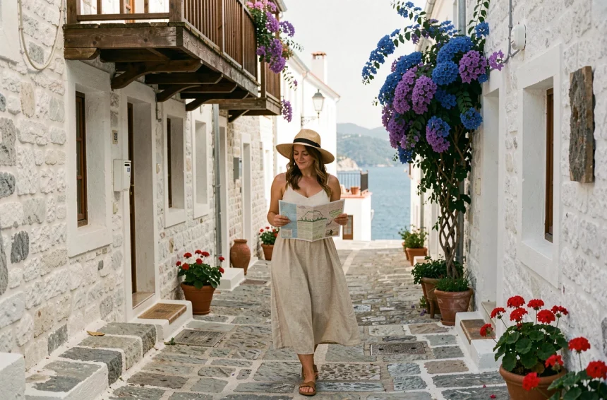 Femme explorant une ruelle pavée de Skopelos avec des maisons blanchies à la chaux et des bougainvilliers colorés en Grèce