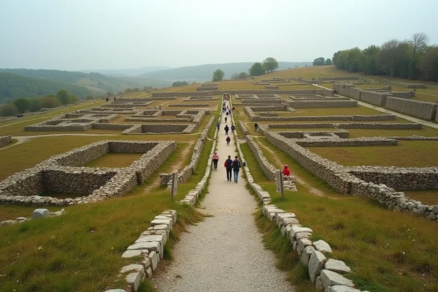 Vue panoramique du site archéologique d'Alésia avec ses fouilles romaines et ses visiteurs en Bourgogne
