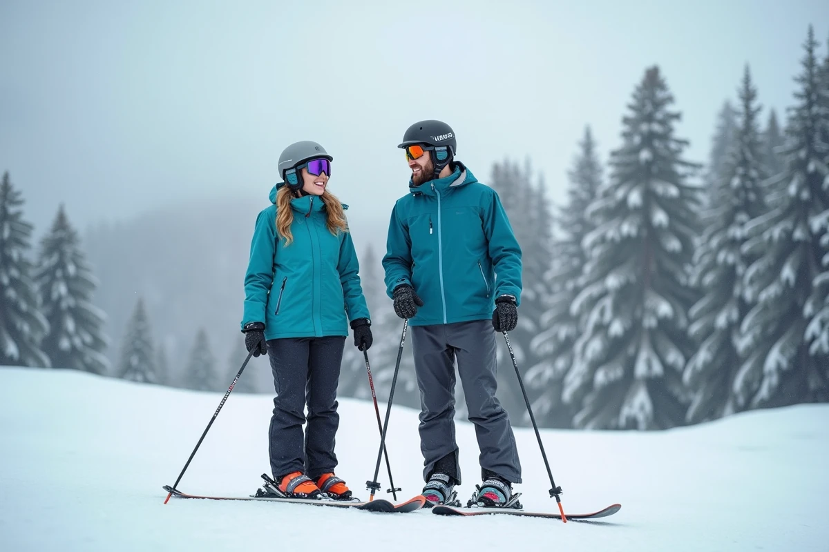 Deux skieurs souriants faisant une pause sur une piste enneigée dans les Vosges du Bas-Rhin en Alsace entourés de sapins couverts de neige