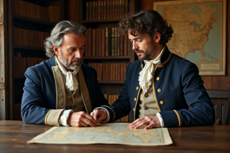 Soldat revolutionnaire americain et officier francais échangeant des cartes