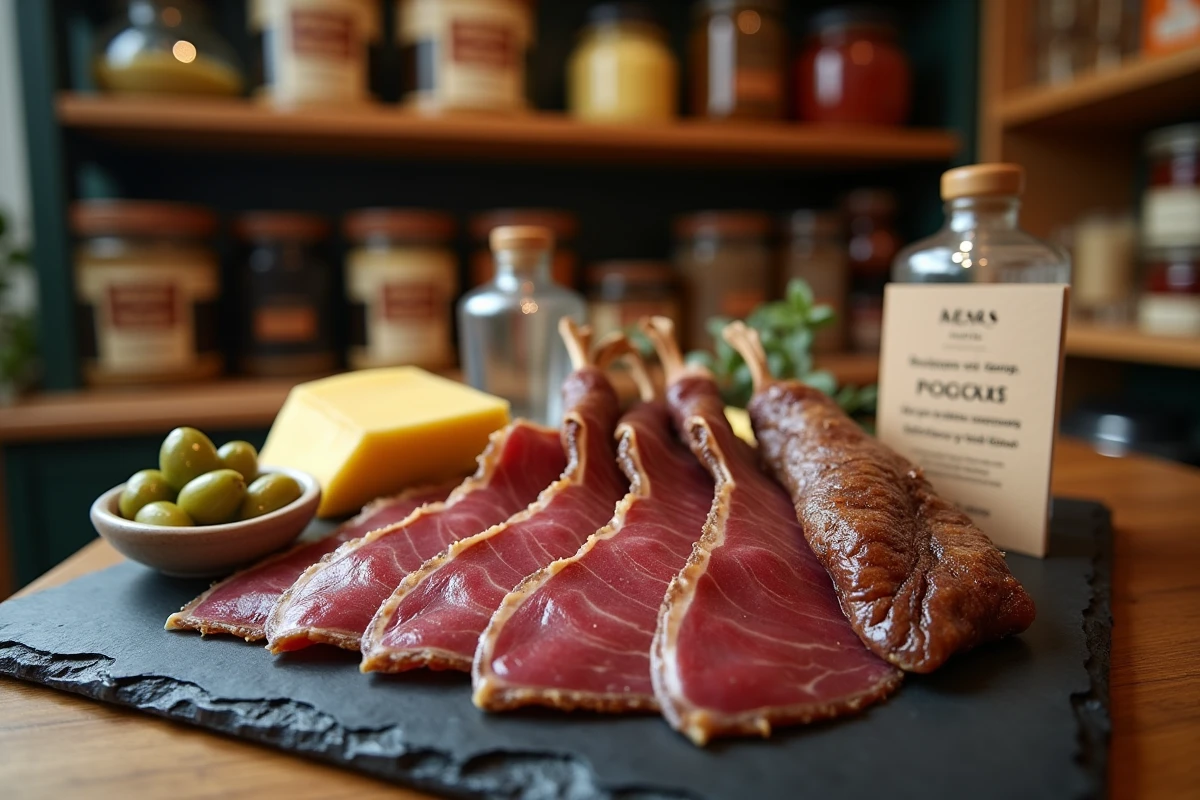 Plateau de charcuterie et spécialités régionales picardes sur une ardoise dans une épicerie fine de Saint-Valery-sur-Somme