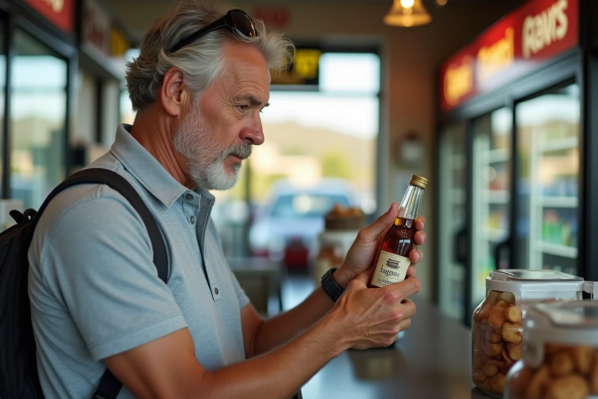 Voyageur dans une station-service espagnole tenant une bouteille de brandy avec l'étiquette de prix visible