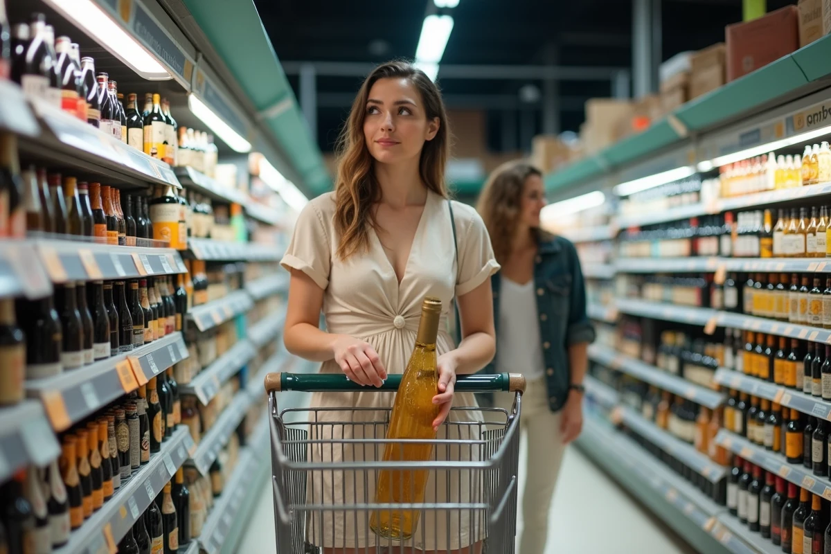 Femme faisant ses courses dans un supermarché espagnol devant le rayon alcools avec des prix affichés en euros