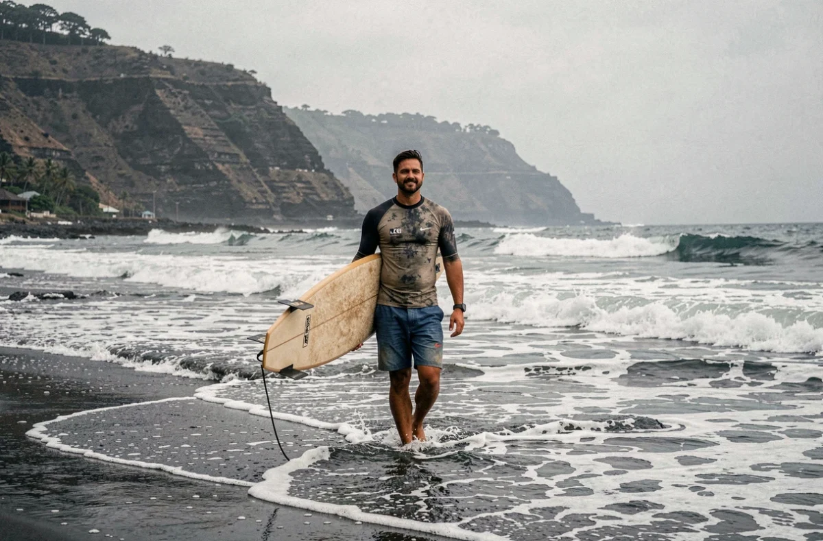 Surfeur marchant sur la plage de sable de Kuta Lombok avec sa planche sous le bras