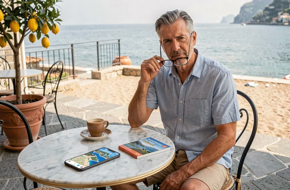 Homme consultant une carte numérique des Cinq Terres sur smartphone attablé à une terrasse de café à Monterosso al Mare
