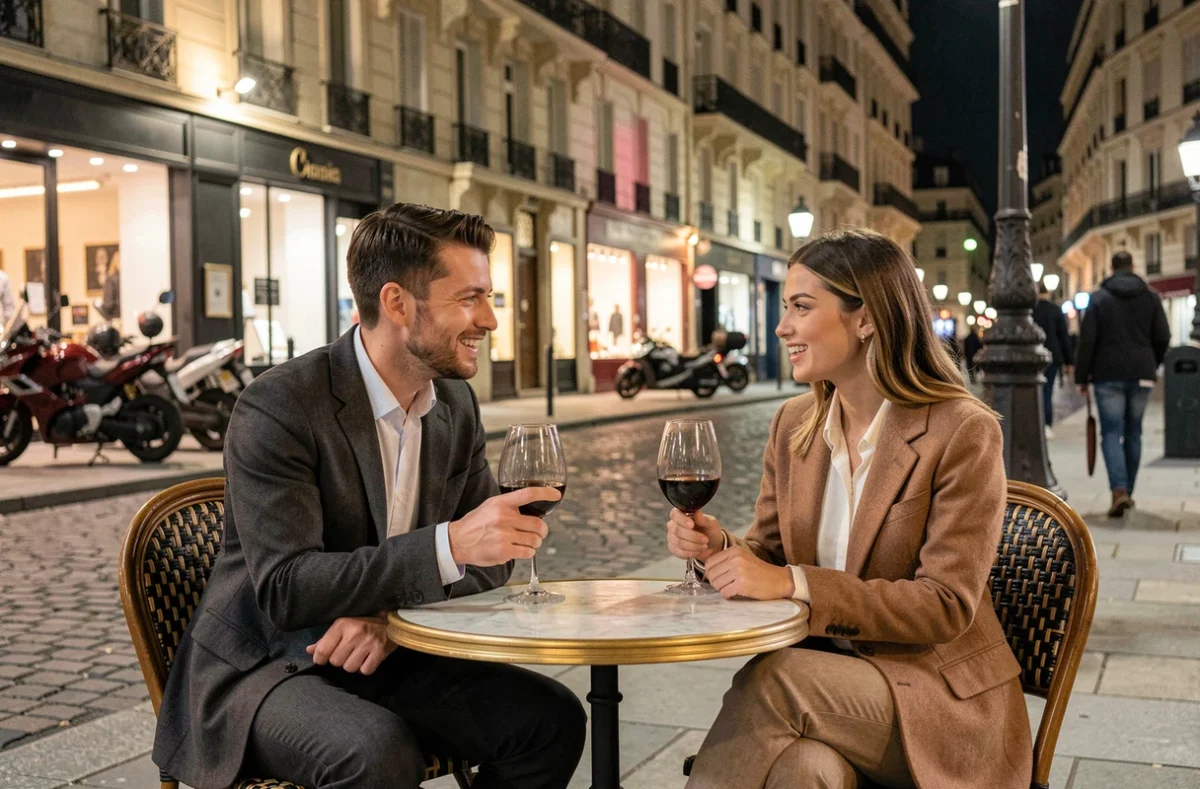Deux amis élégants attablés en terrasse de café la nuit rue Saint-Honoré Paris, ambiance luxe parisien nocturne