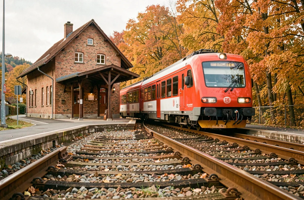 Train régional Deutsche Bahn arrivant en gare sur la route vers Speyer en automne