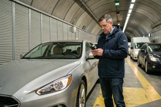 Voyageur debout à côté de sa voiture dans le wagon du tunnel sous la Manche Eurotunnel Le Shuttle