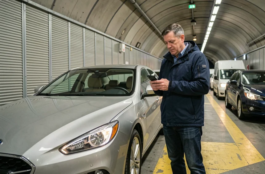 Voyageur debout à côté de sa voiture dans le wagon du tunnel sous la Manche Eurotunnel Le Shuttle