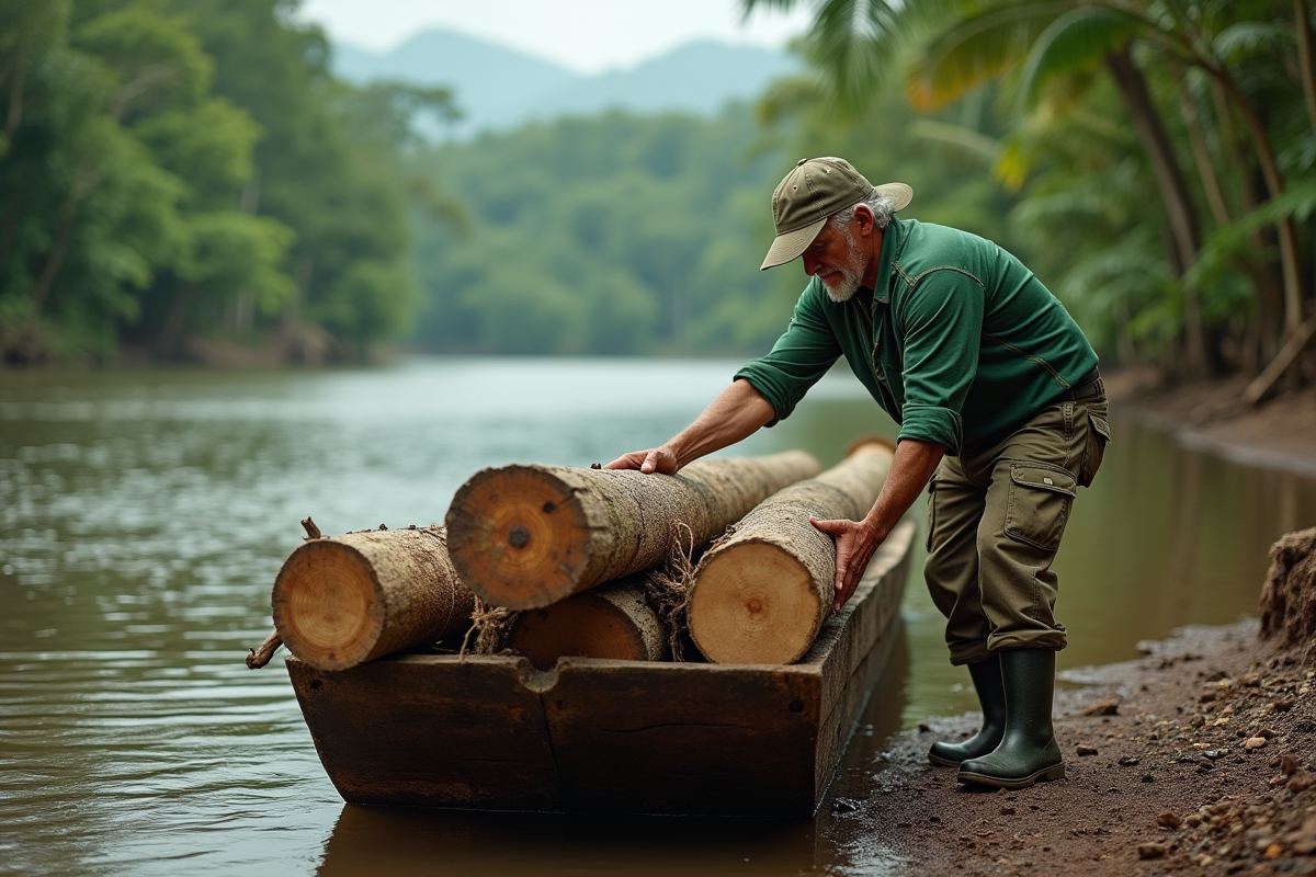 Ouvrier forestier en Amazonie manipulant du bois durable