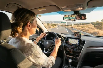 Femme conduisant sur une autoroute espagnole avec péage visible, road trip en famille en Espagne