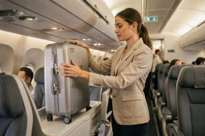 Femme plaçant une valise cabine rigide dans le compartiment supérieur d'un avion, guide taille bagage cabine 2026