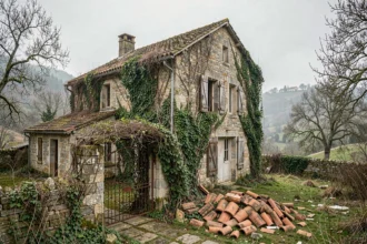 Maison abandonnée en pierre dans un village français désert, envahie par le lierre et les ronces, volets brisés et tuiles dispersées dans une cour envahie par la végétation