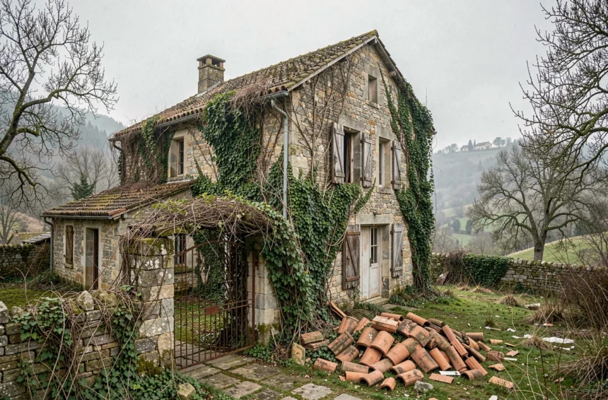 Maison abandonnée en pierre dans un village français désert, envahie par le lierre et les ronces, volets brisés et tuiles dispersées dans une cour envahie par la végétation