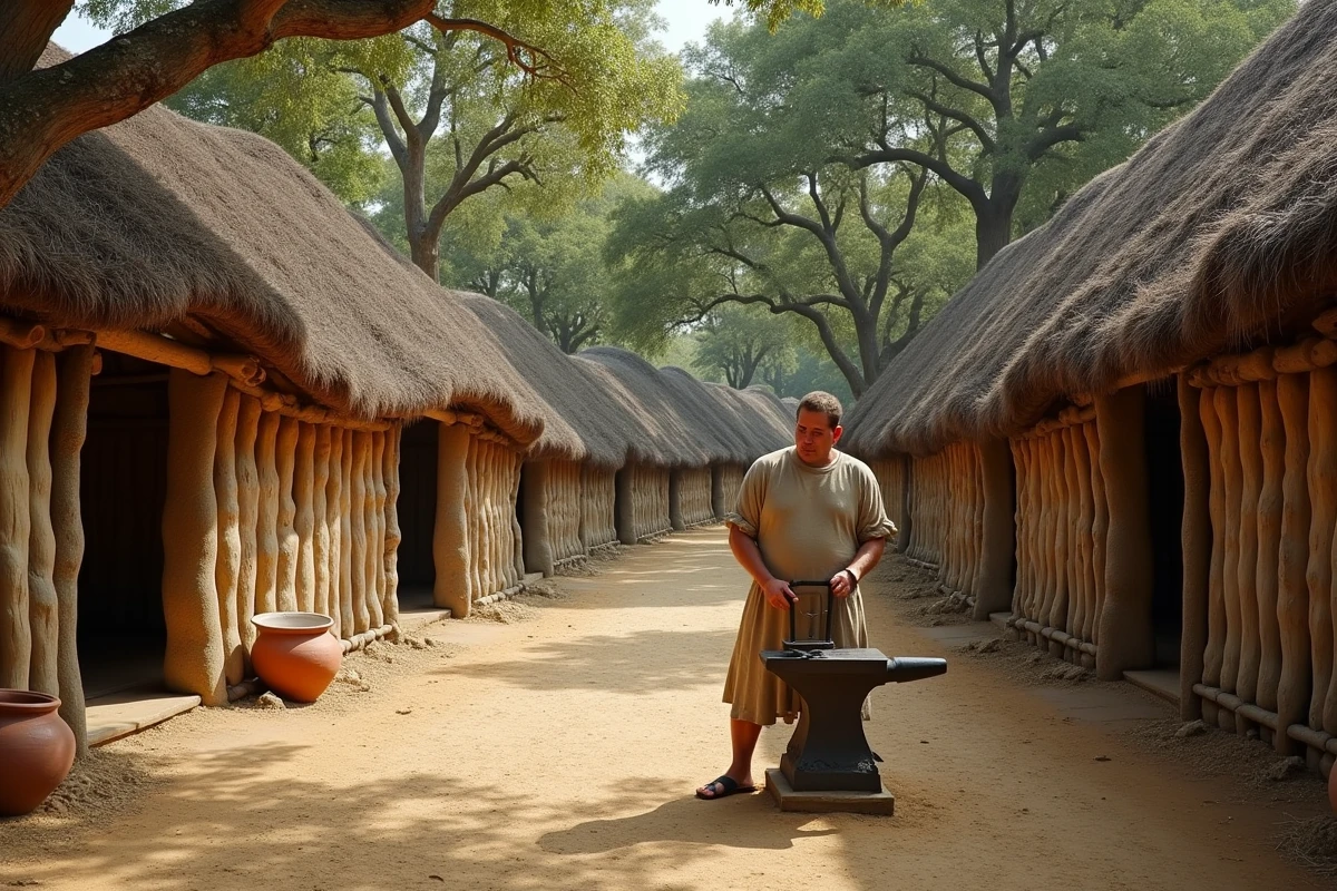Village gaulois reconstitué au muséoparc Alésia avec un animateur en costume traditionnel pratiquant la forge