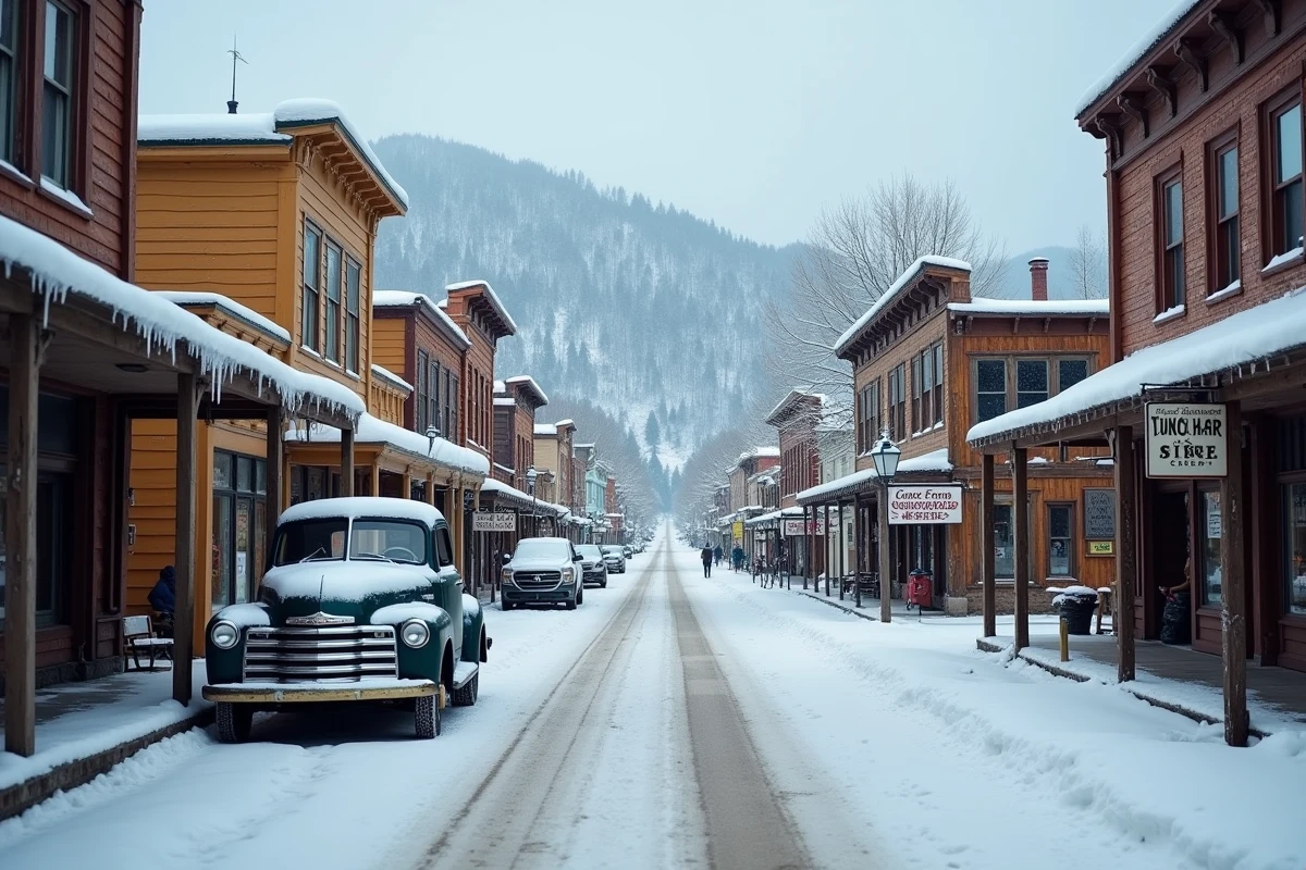 Petite ville de montagne américaine enneigée en hiver avec des devantures en bois historiques et un camion vintage recouvert de neige