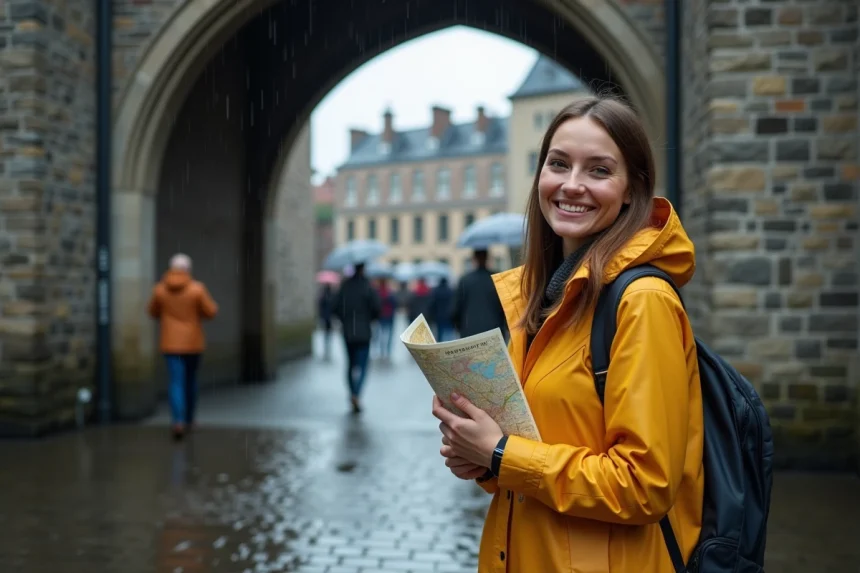 Femme en imperméable jaune moutarde souriante devant le château des Comtes de Gand sous la pluie