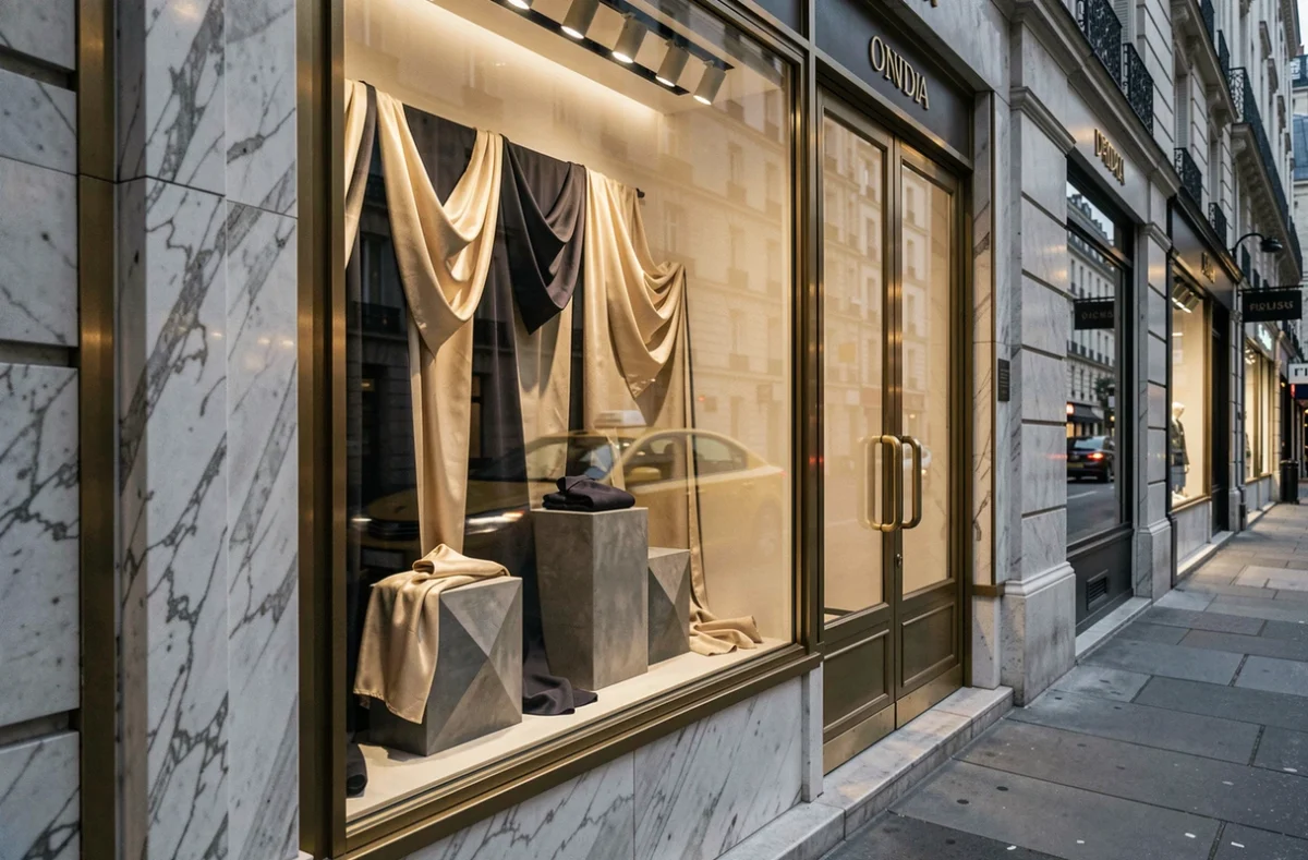 Vitrine de boutique de luxe illuminée la nuit rue Saint-Honoré Paris, reflets sur marbre et façade Haussmannienne