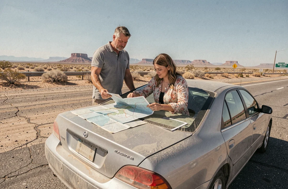 Couple consultant une carte routière à un arrêt en plein désert Mojave sur la route Los Angeles Las Vegas en voiture