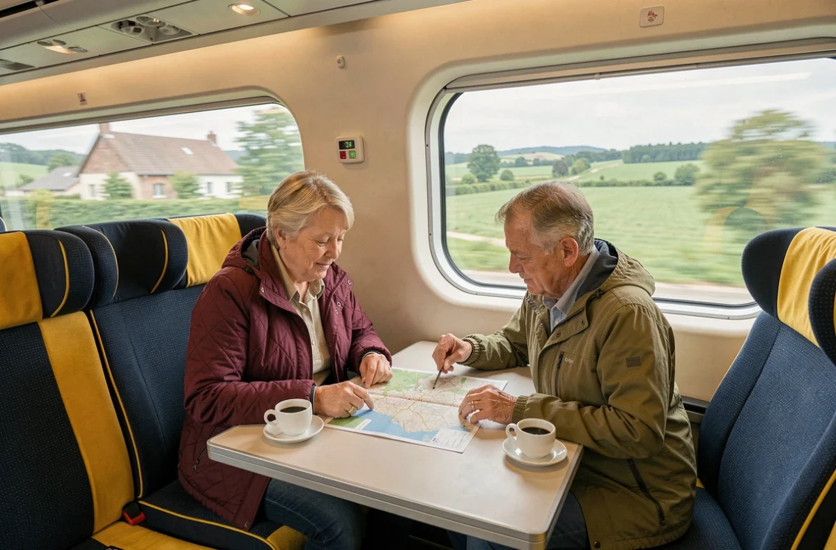 Couple consultant une carte dans un compartiment Eurostar avec vue sur la campagne française