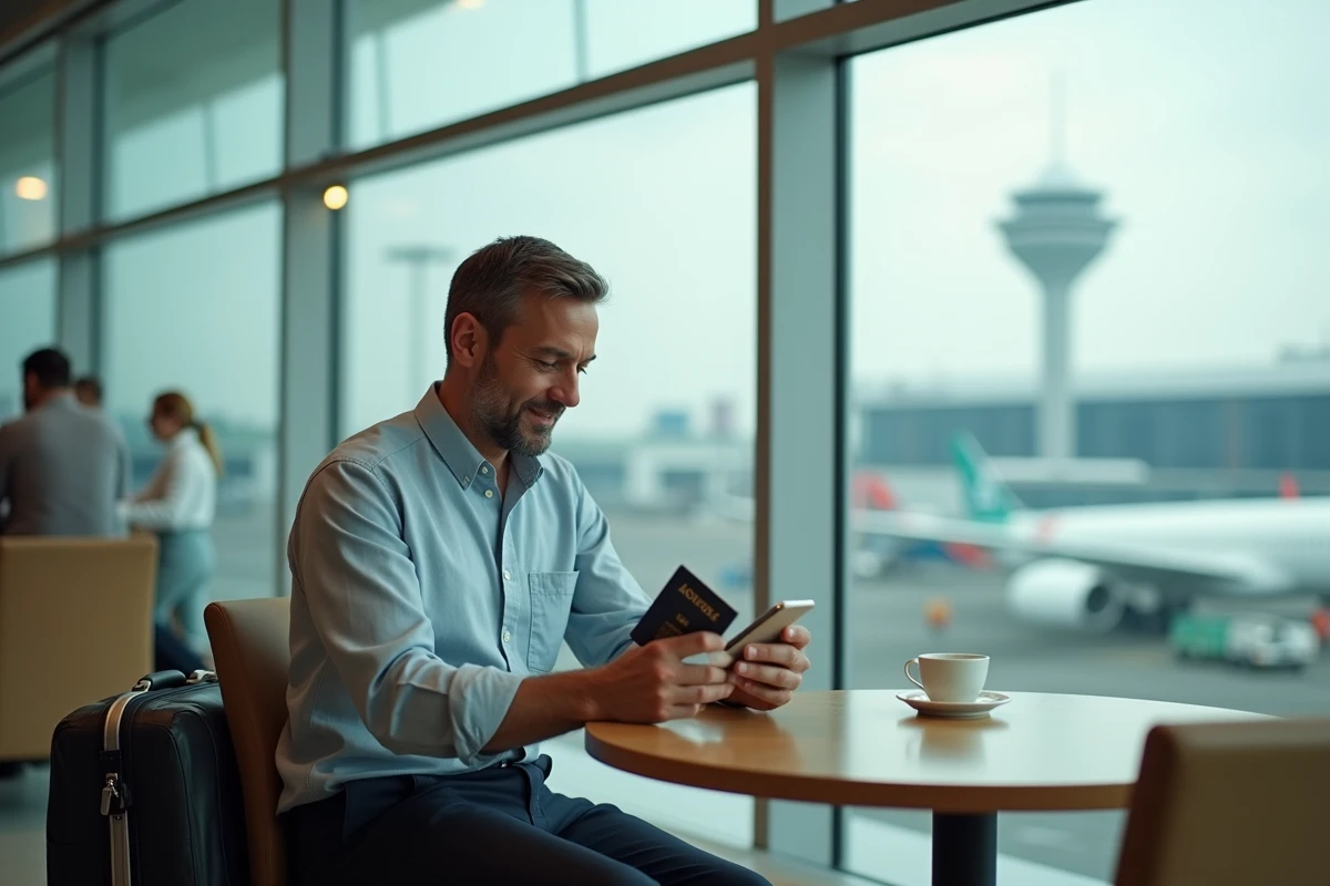 Voyageur consultant son application mobile à l'aéroport avant un vol long-courrier vers la Thaïlande