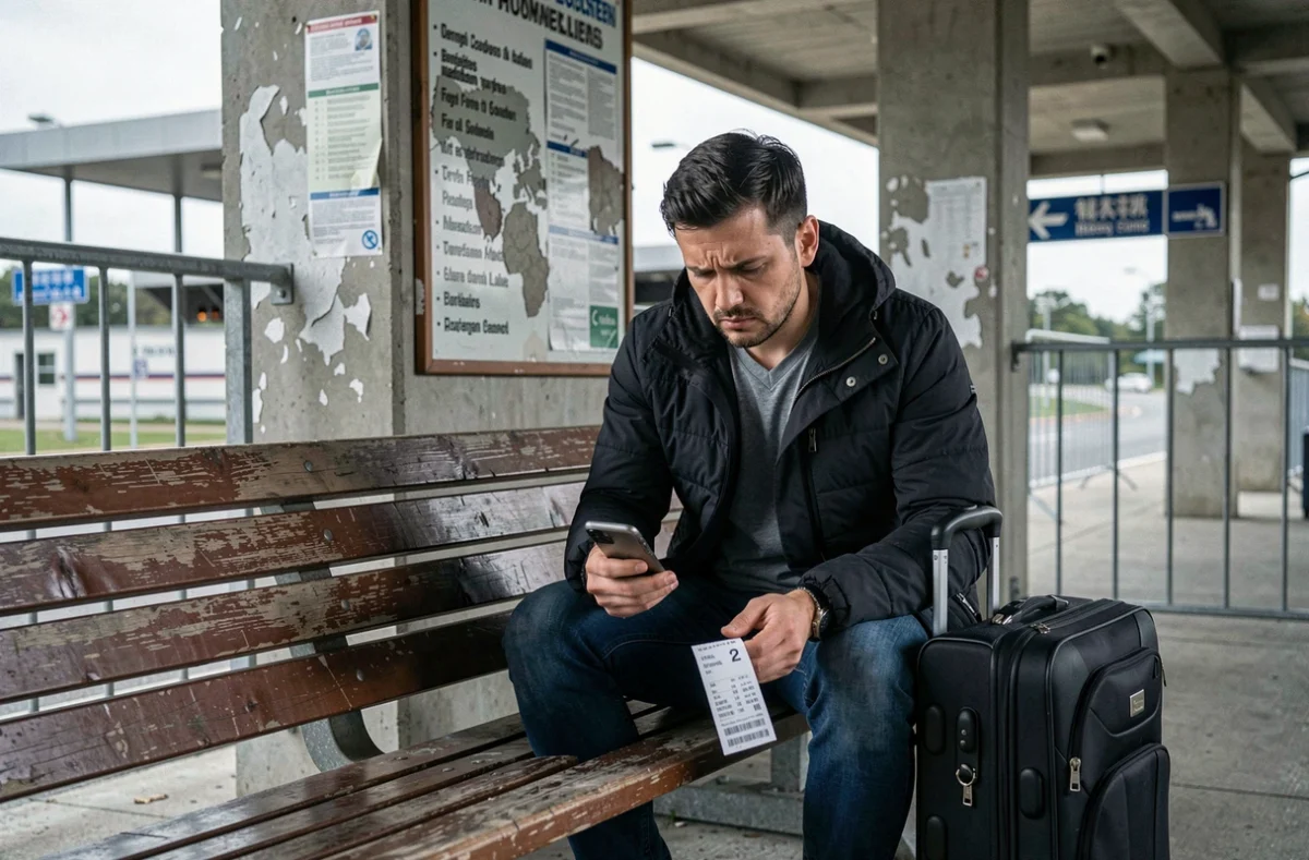Voyageur bloqué en attente au poste frontière de Dancharia avec ticket et valise