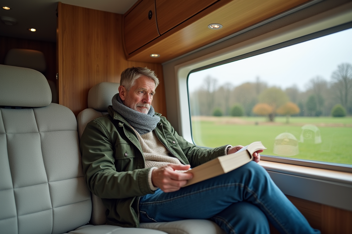 Voyageur seul dans l’intérieur d’un van aménagé moderne