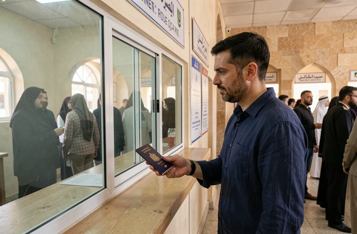 Voyageur présentant son passeport à un agent de contrôle aux frontières marocaines à un poste d'entrée officiel