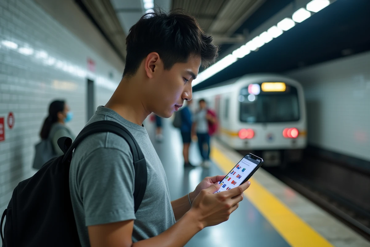 Jeune voyageur s&eacute;lectionnant un forfait eSIM international sur son t&eacute;l&eacute;phone dans le m&eacute;tro d'une ville asiatique