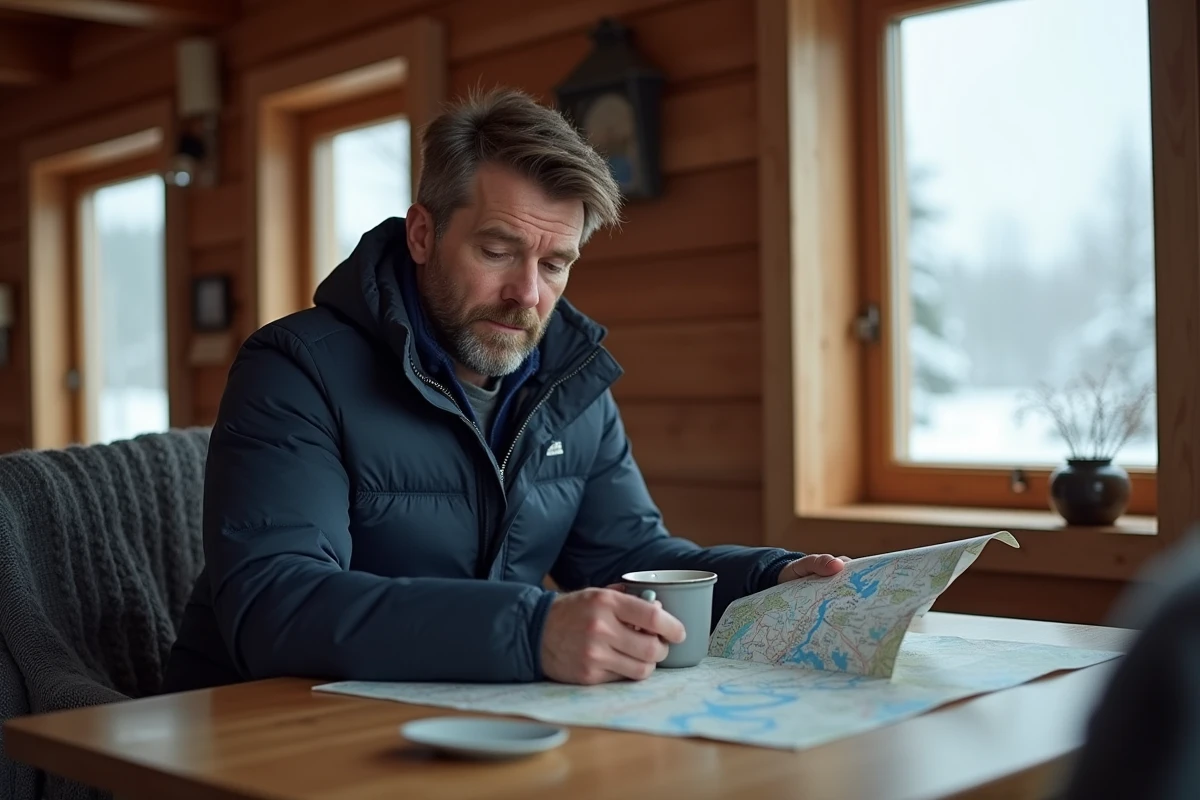 Voyageur consultant une carte routière dans un gîte islandais traditionnel en bois avec une tasse de café chaud en hiver