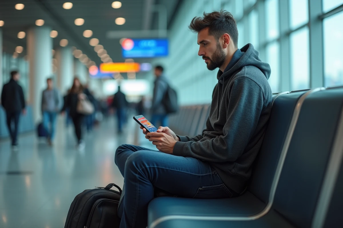 Voyageur consultant Google Flights sur son smartphone dans un aéroport pour trouver les meilleurs prix